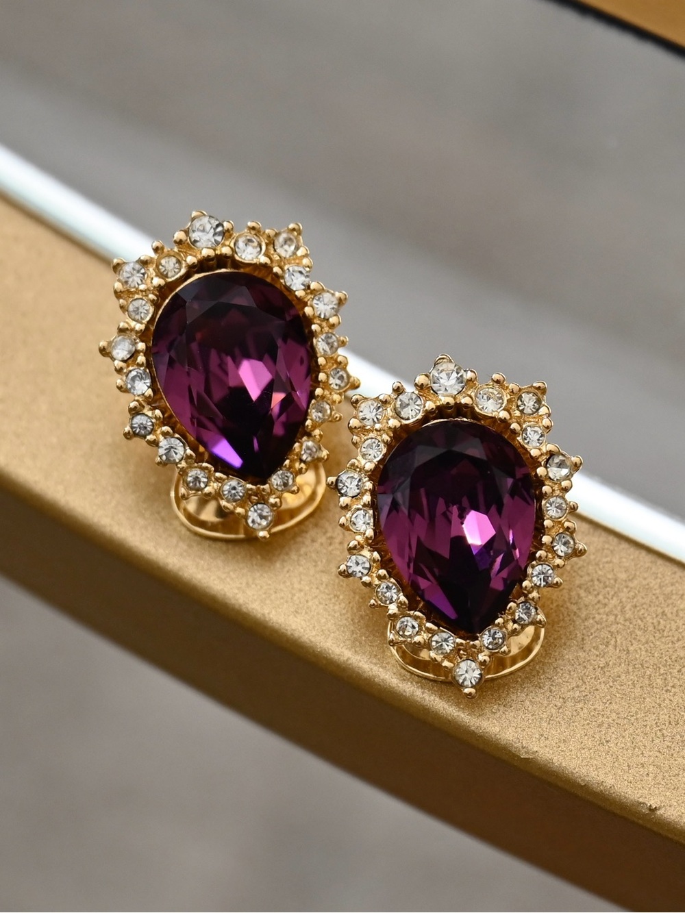 Authentic Vintage Dior Starburst Teardrop Purple Rhinestone Gold Clip Earrings